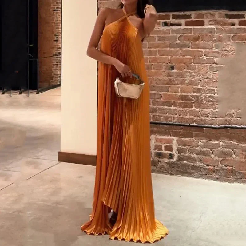 Solenne | Pleated Halter Dress Wedding Guest Maxi