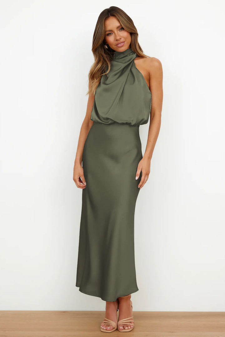Calliope | Draped Twist Satin Halter Neck Maxi Dress