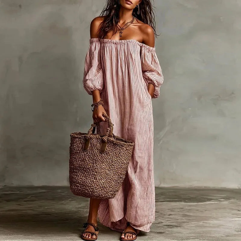 Aurelia | Striped One Shoulder Dress with Maxi Hem