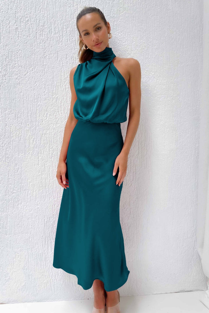 Calliope | Draped Twist Satin Halter Neck Maxi Dress