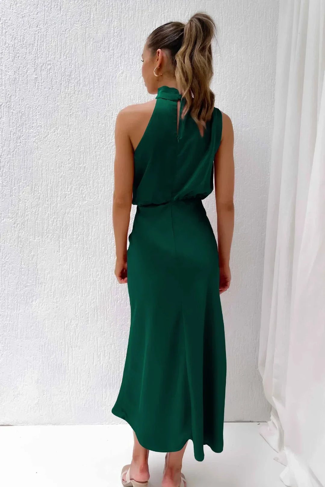 Rosette | Halter Neck Satin Midi Dress with Draped Cowl Bodice