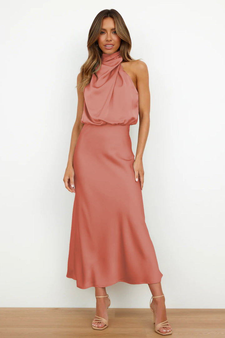 Calliope | Draped Twist Satin Halter Neck Maxi Dress