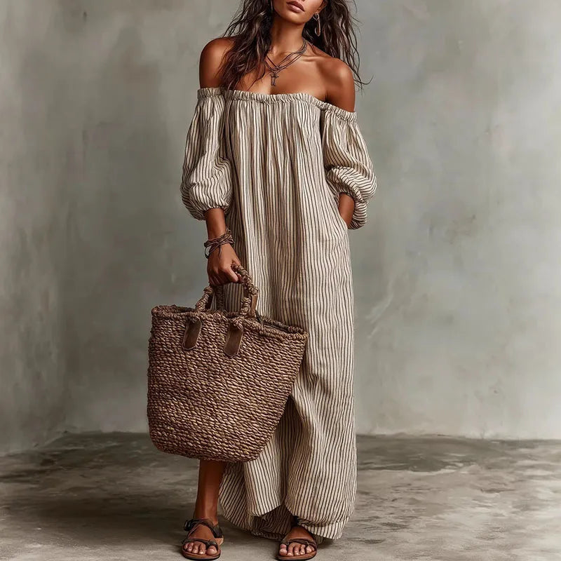 Aurelia | Striped One Shoulder Dress with Maxi Hem