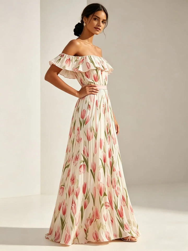 Isolde | One Shoulder Dress with Floral Chiffon Maxi Skirt