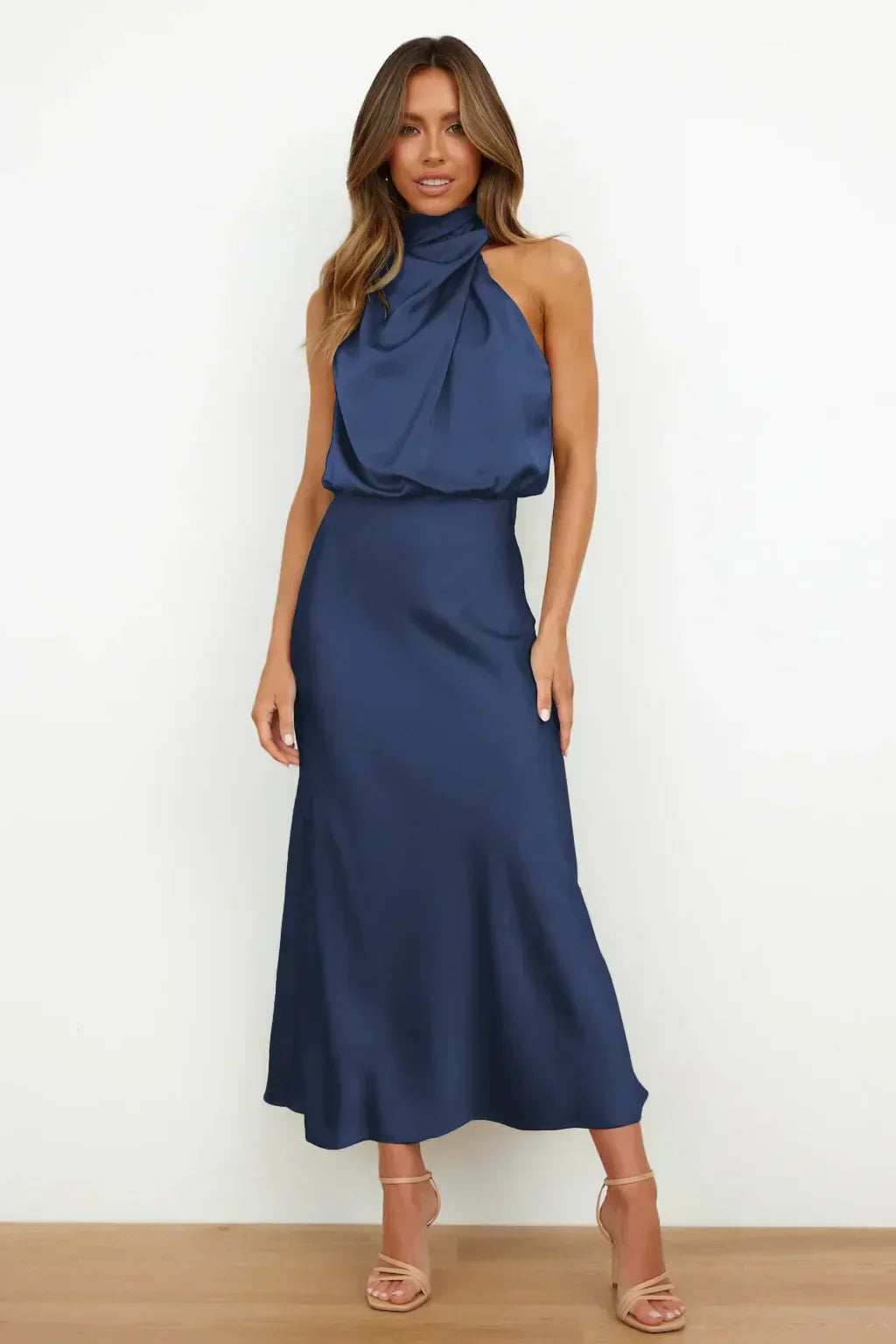 Calliope | Draped Twist Satin Halter Neck Maxi Dress