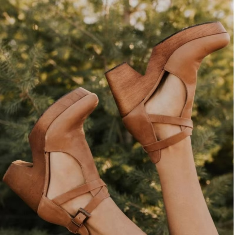 Bordeaux | Cross Strap Chunky Wood Platform Block Heels