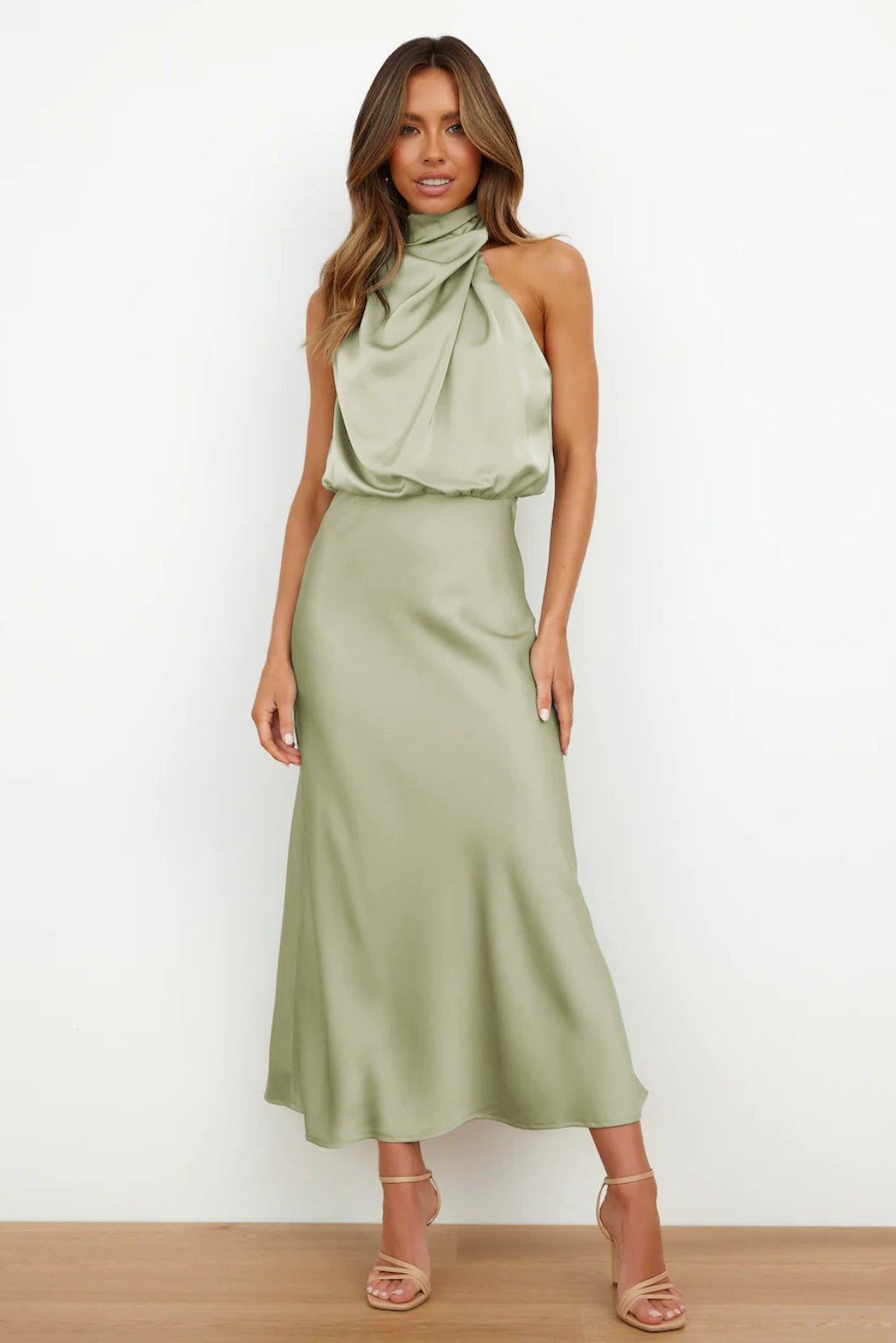 Calliope | Draped Twist Satin Halter Neck Maxi Dress