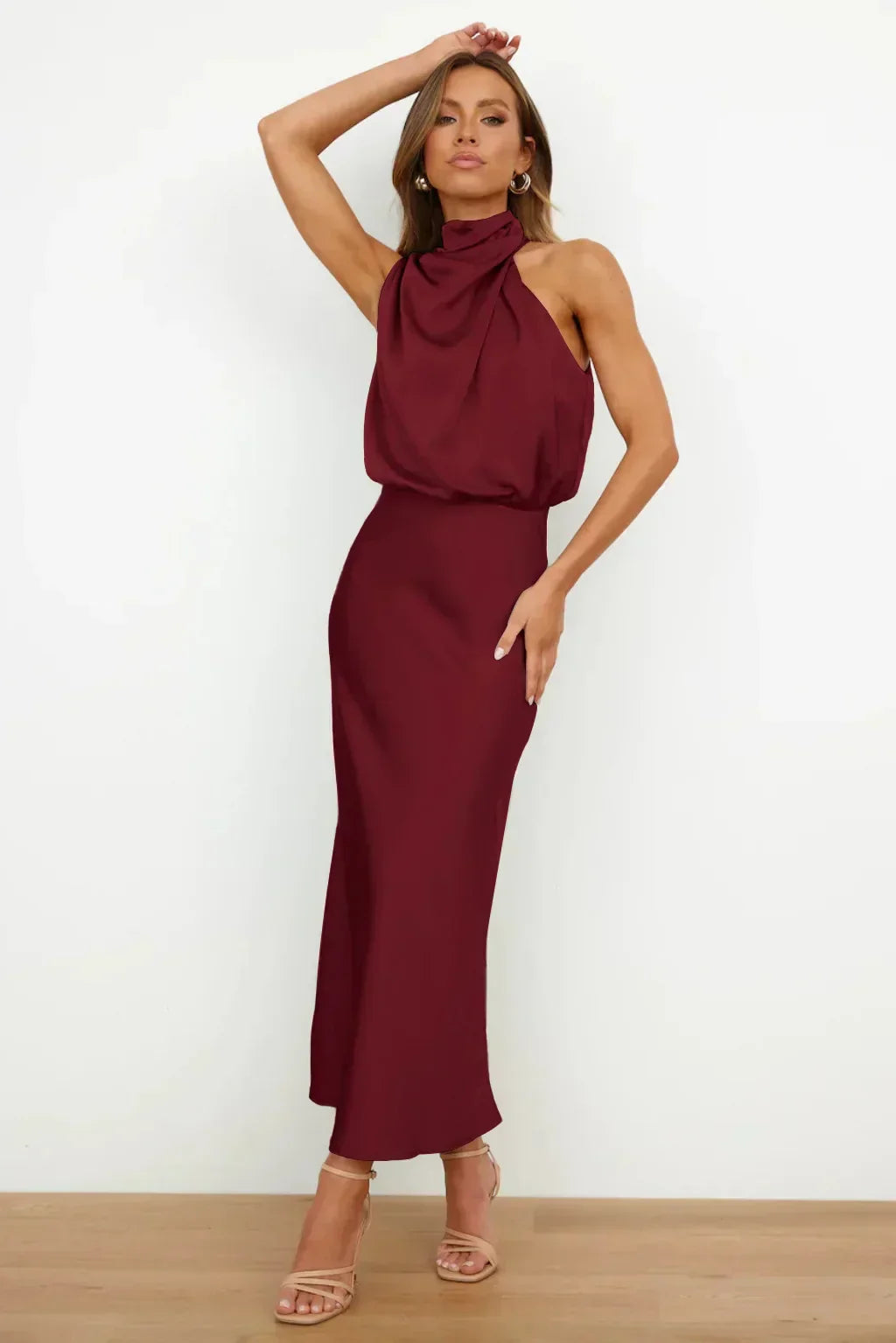 Calliope | Draped Twist Satin Halter Neck Maxi Dress