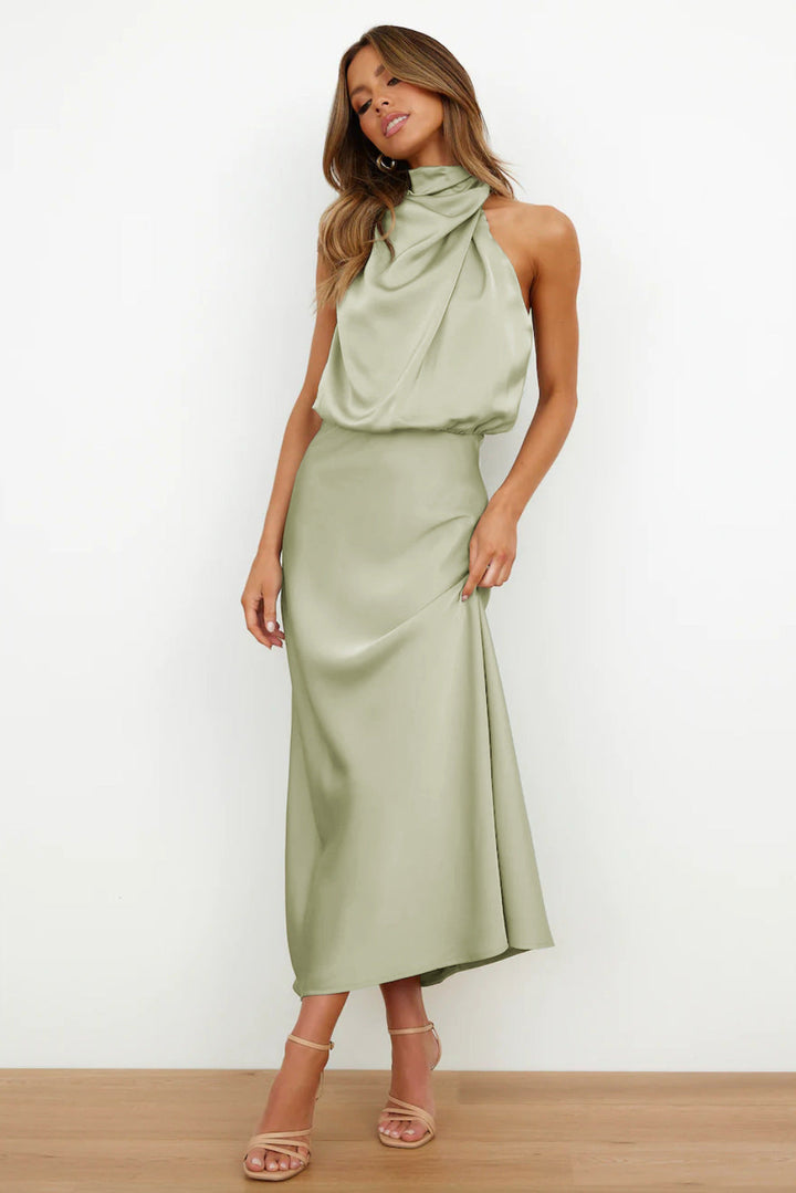Calliope | Draped Twist Satin Halter Neck Maxi Dress