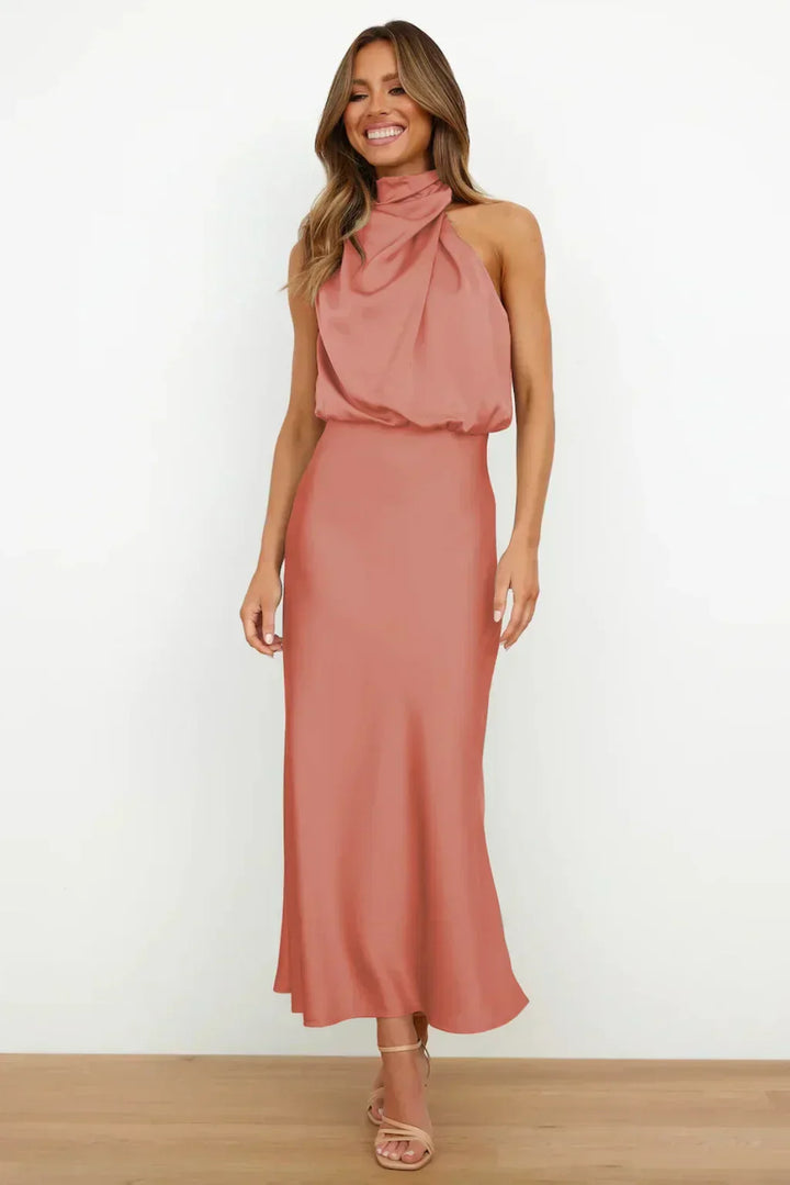 Rosette | Halter Neck Satin Midi Dress with Draped Cowl Bodice