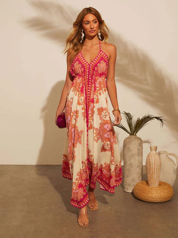 Zahlia | Paisley Print Lace-Trim Halter Neck Maxi Dress