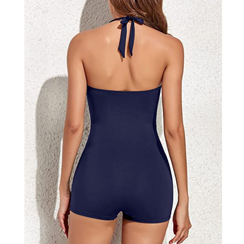 Retro Riviera | Ruched Halter Boyleg One-Piece Swimsuit