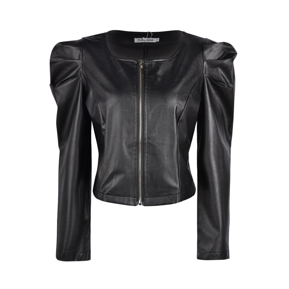 Pernille | Cropped Collarless Puff Shoulder Women's Leather Jackets