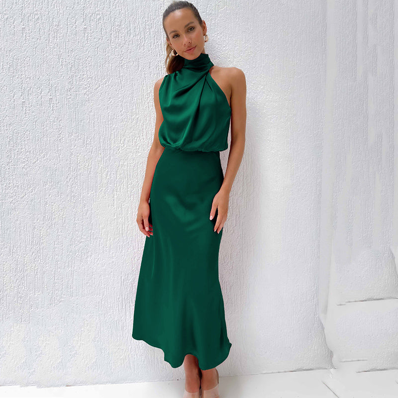 Calliope | Draped Twist Satin Halter Neck Maxi Dress