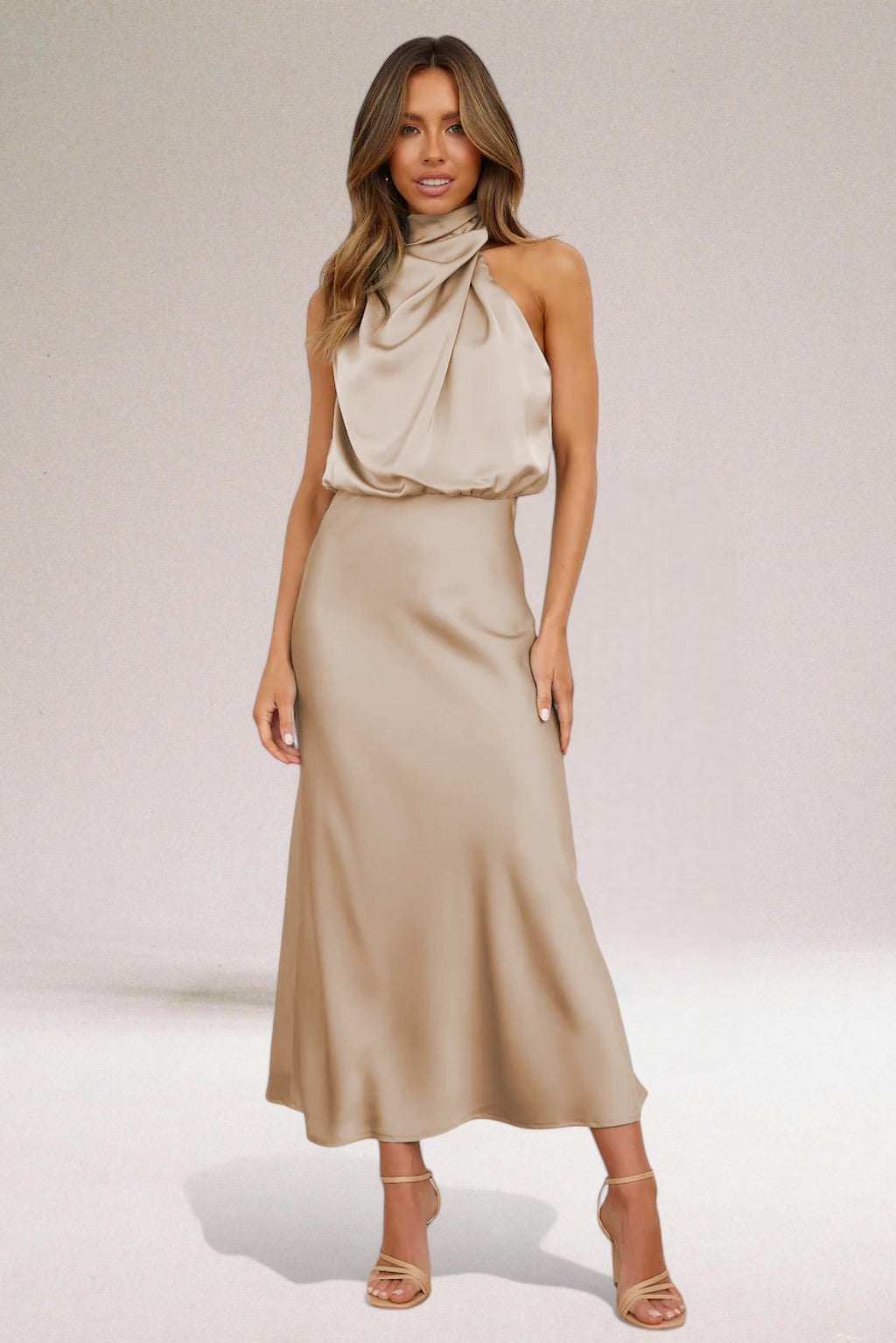 Margaux | Satin Halter Neck Draped Formal Maxi Dress