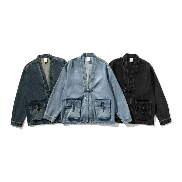 Kaito | Men's Washed Denim Jacket with Kimono Collar
