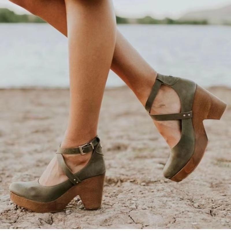 Bordeaux | Cross Strap Chunky Wood Platform Block Heels