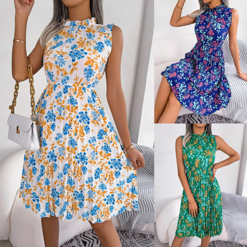 Zinnia | Floral Ruffle-Neck Womens Pleated Midi Dress