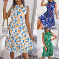 Zinnia | Floral Ruffle-Neck Womens Pleated Midi Dress