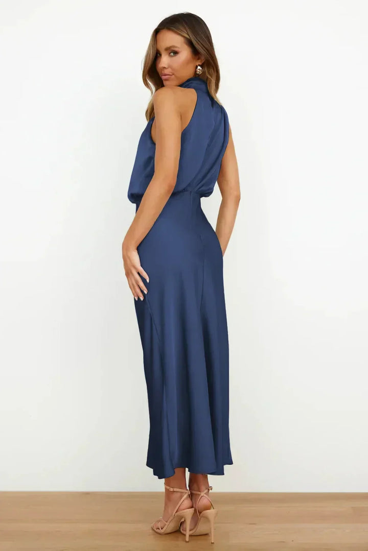 Calliope | Draped Twist Satin Halter Neck Maxi Dress