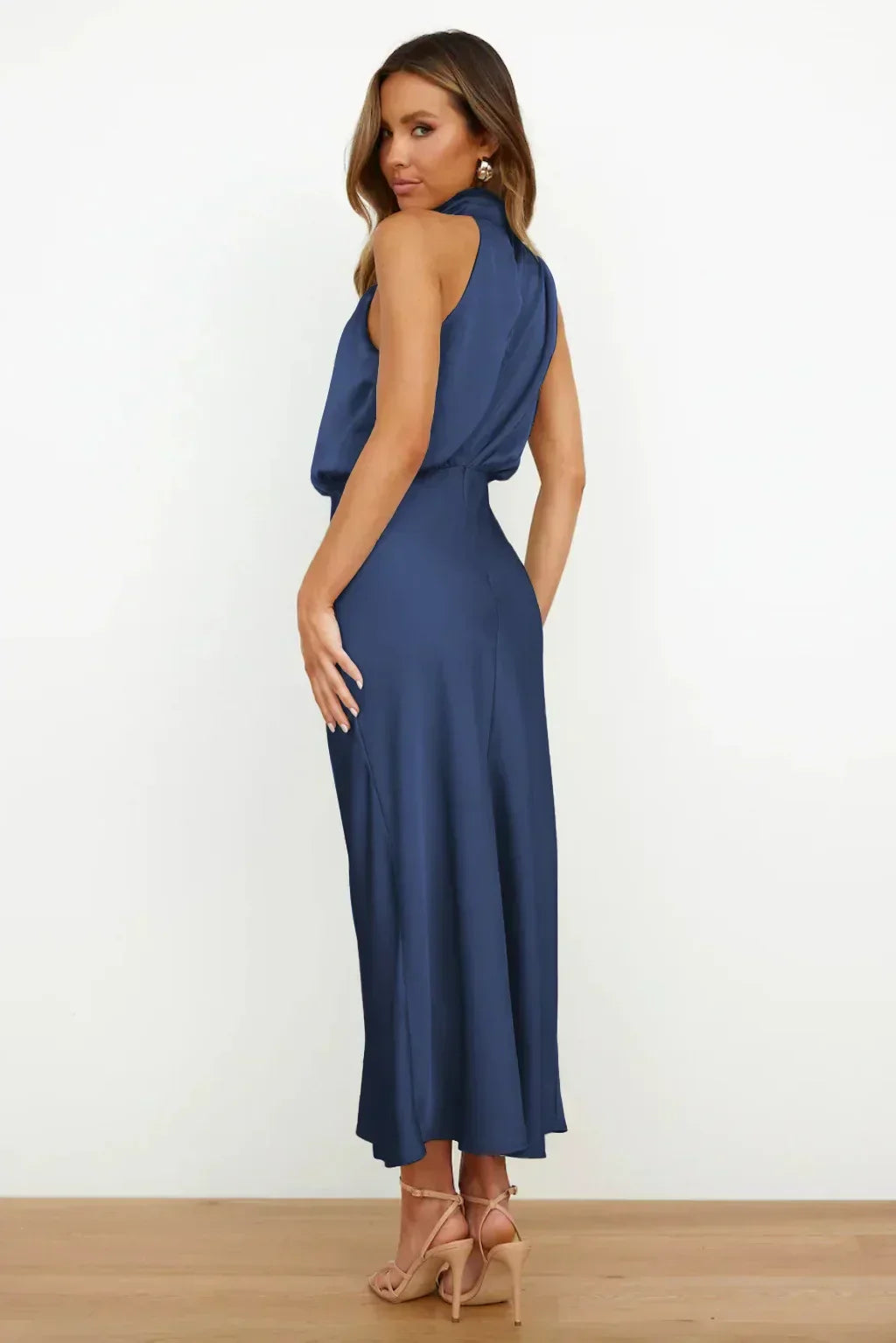 Rosette | Halter Neck Satin Midi Dress with Draped Cowl Bodice