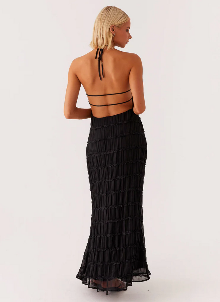Pearla | Textured Lace-Trim Halter Neck Maxi Dress