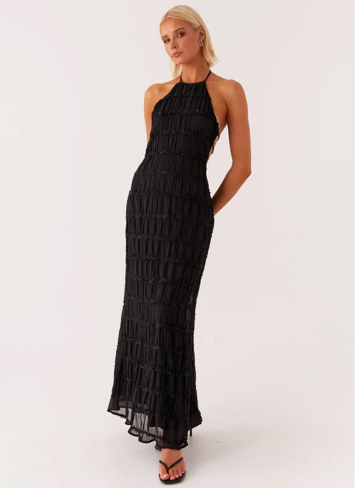 Pearla | Textured Lace-Trim Halter Neck Maxi Dress