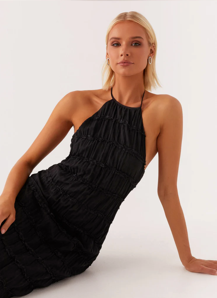 Pearla | Textured Lace-Trim Halter Neck Maxi Dress