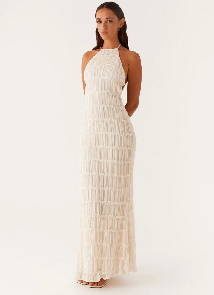 Pearla | Textured Lace-Trim Halter Neck Maxi Dress