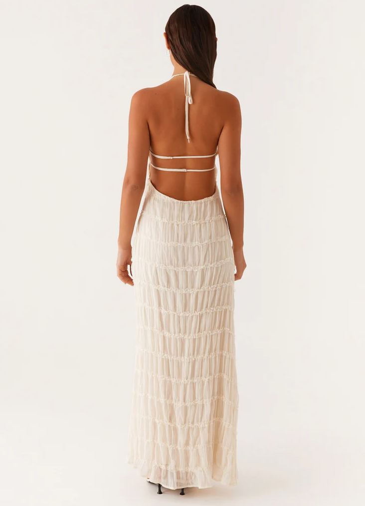 Pearla | Textured Lace-Trim Halter Neck Maxi Dress