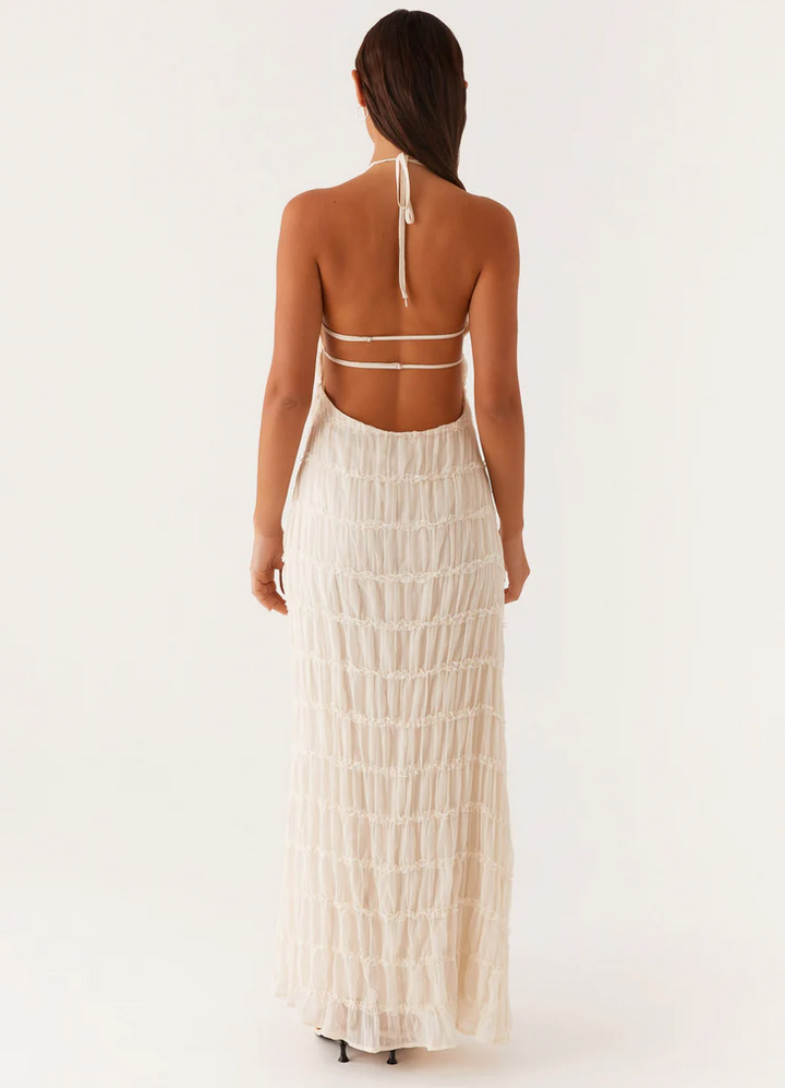 Pearla | Textured Lace-Trim Halter Neck Maxi Dress