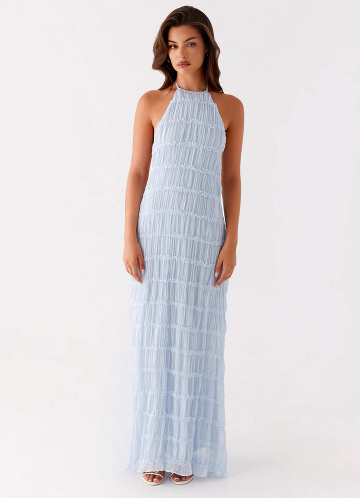Pearla | Textured Lace-Trim Halter Neck Maxi Dress