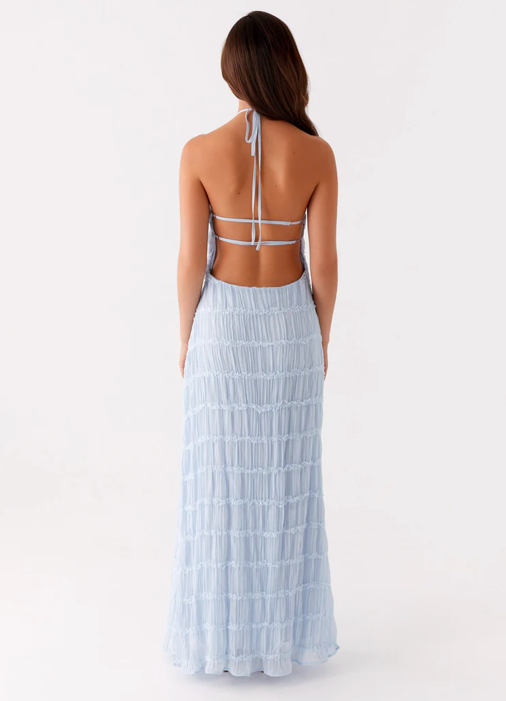 Pearla | Textured Lace-Trim Halter Neck Maxi Dress