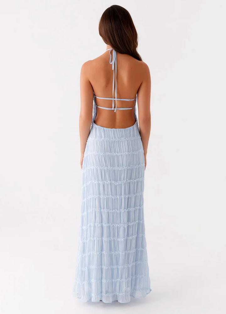 Pearla | Textured Lace-Trim Halter Neck Maxi Dress