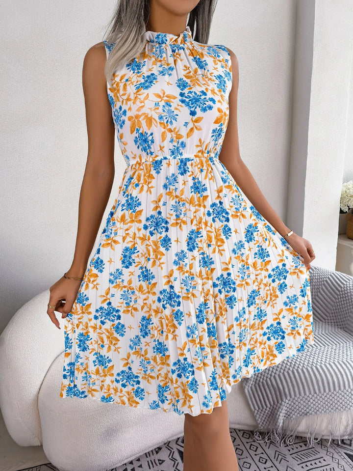 Zinnia | Floral Ruffle-Neck Womens Pleated Midi Dress