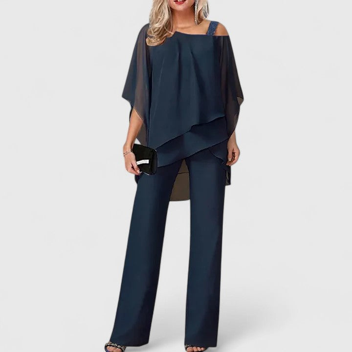 Veloria | Asymmetric Chiffon Cape & Wide-Leg Trouser Sets