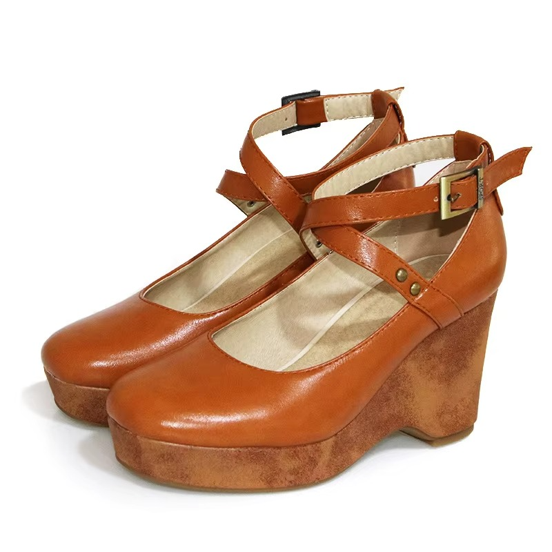 Bordeaux | Cross Strap Chunky Wood Platform Block Heels