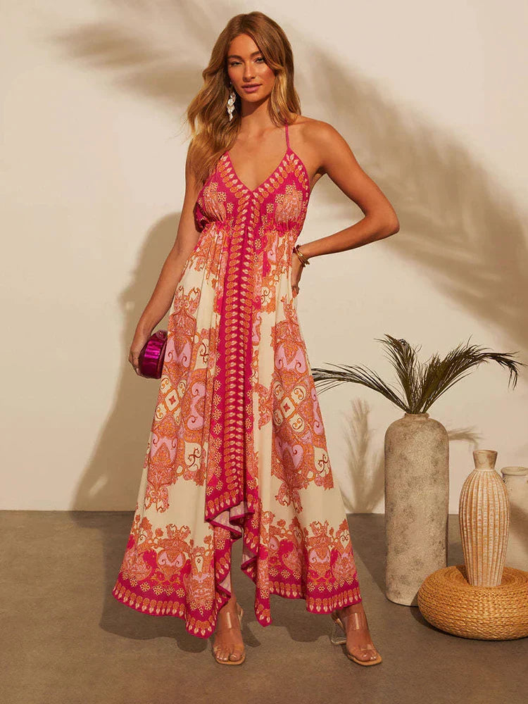 Zahlia | Paisley Print Lace-Trim Halter Neck Maxi Dress