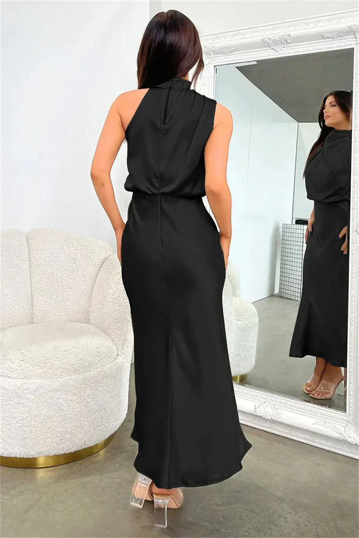 Rosette | Halter Neck Satin Midi Dress with Draped Cowl Bodice