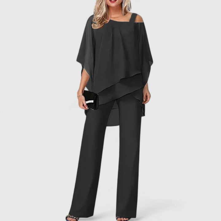 Veloria | Asymmetric Chiffon Cape & Wide-Leg Trouser Sets