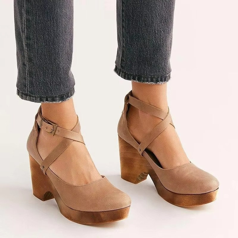 Bordeaux | Cross Strap Chunky Wood Platform Block Heels