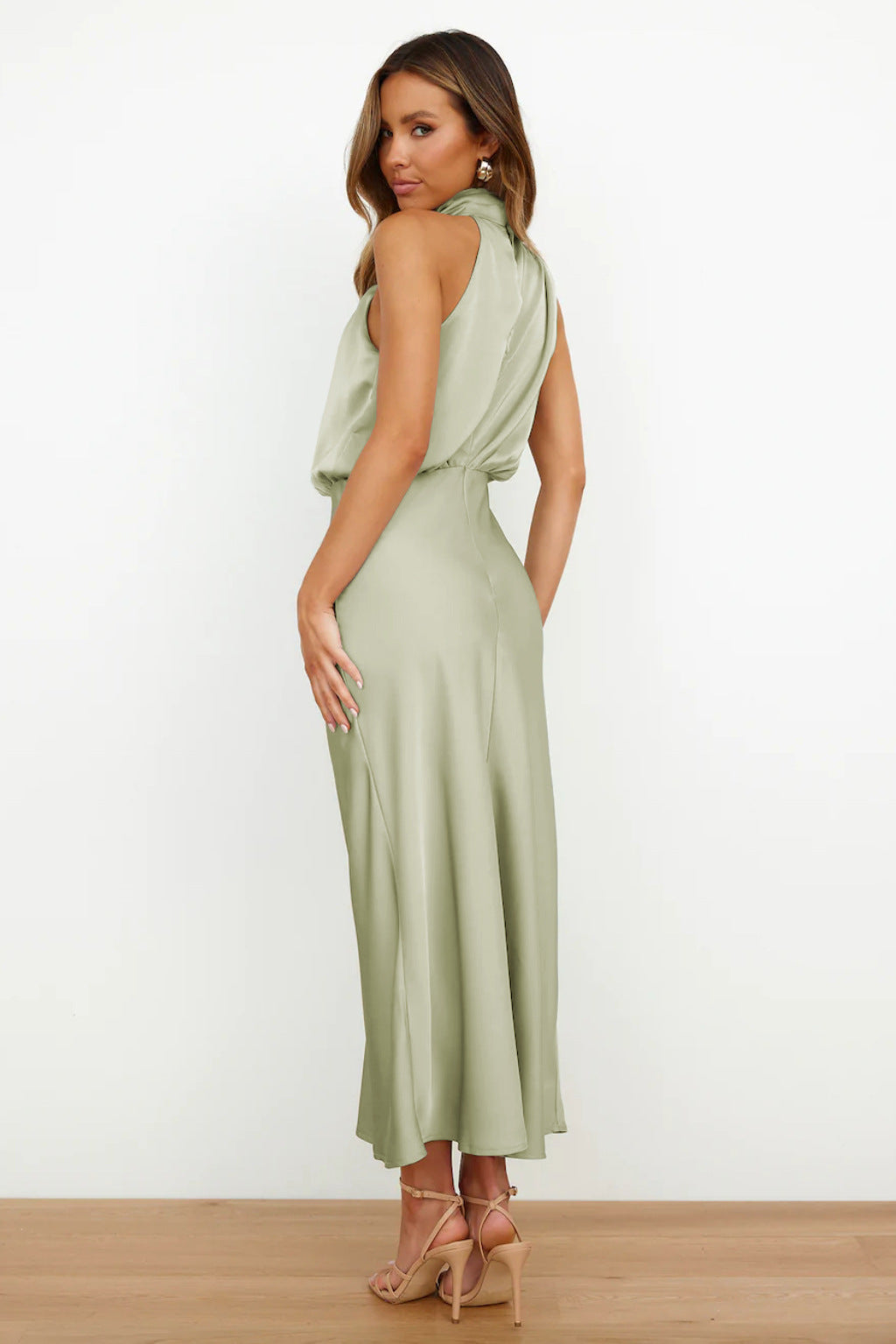 Rosette | Halter Neck Satin Midi Dress with Draped Cowl Bodice