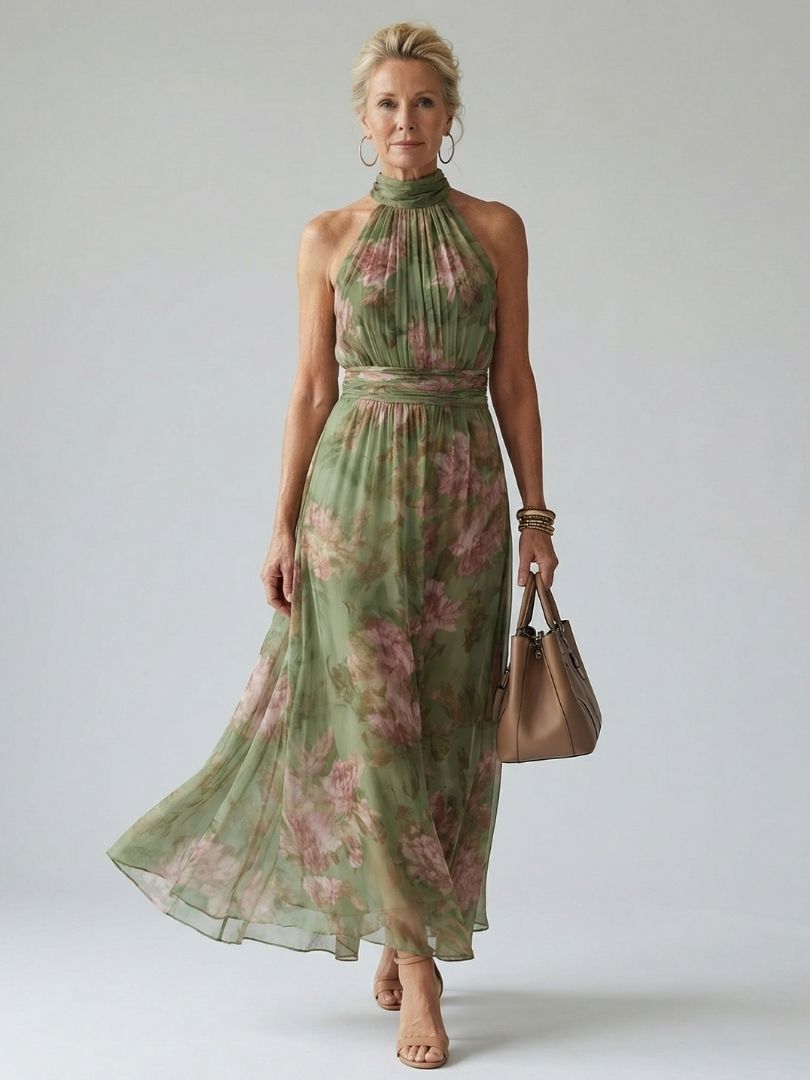 Florentine | Halter Neck Dress in Floral Chiffon Maxi Length