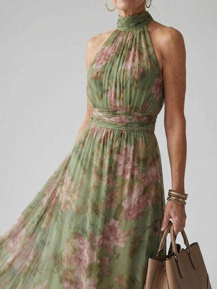 Florentine | Halter Neck Dress in Floral Chiffon Maxi Length