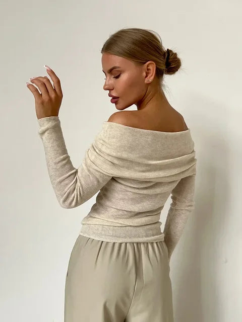 Sloane | Bardot Ribbed Knit Long Sleeve Off Shoulder Top