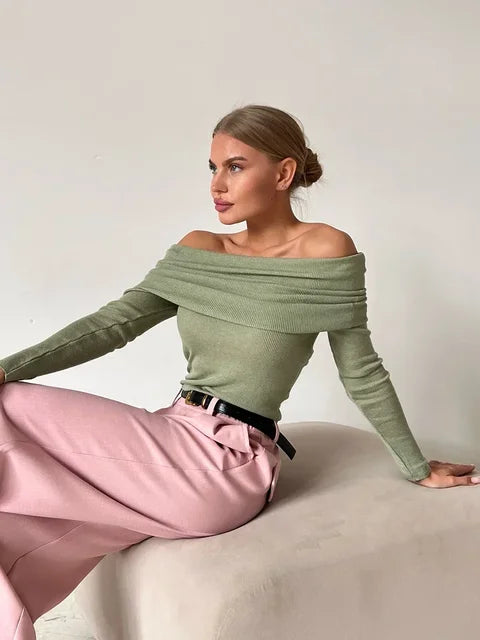 Sloane | Bardot Ribbed Knit Long Sleeve Off Shoulder Top