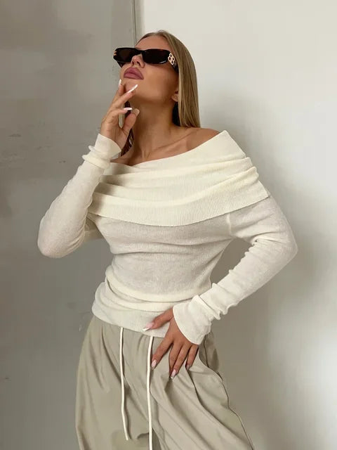 Sloane | Bardot Ribbed Knit Long Sleeve Off Shoulder Top