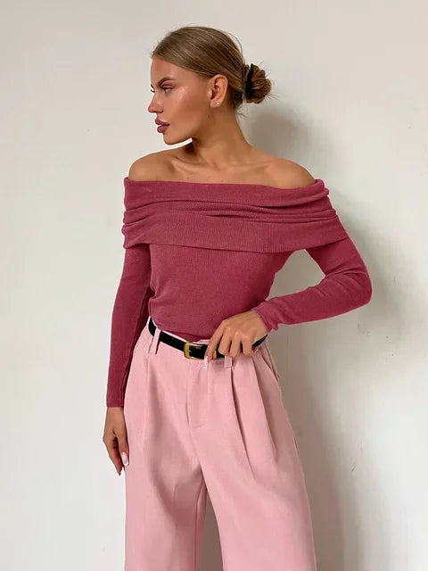 Sloane | Bardot Ribbed Knit Long Sleeve Off Shoulder Top