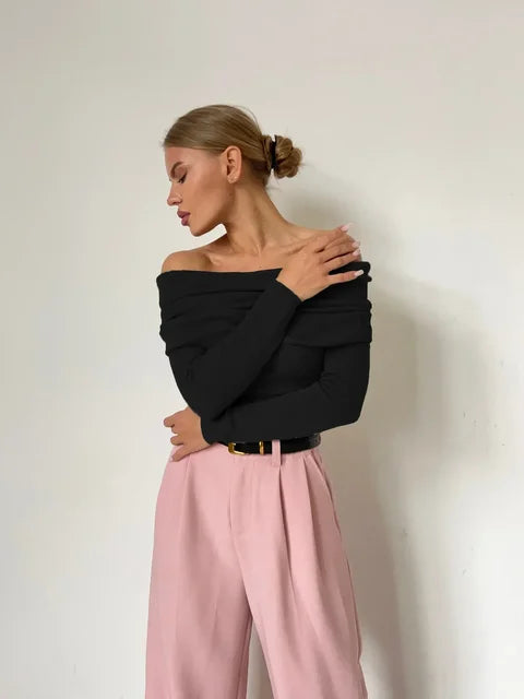 Sloane | Bardot Ribbed Knit Long Sleeve Off Shoulder Top