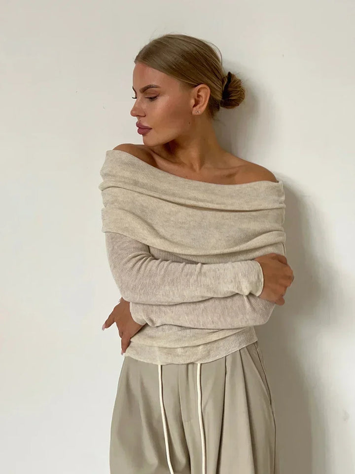 Sloane | Bardot Ribbed Knit Long Sleeve Off Shoulder Top